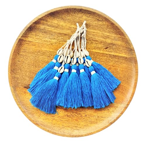 Image of Zippy Flora Handmade Cotton Tassels with Cowrie Shells for DIY & Crafts Project, Pack of 10 (Firozi)