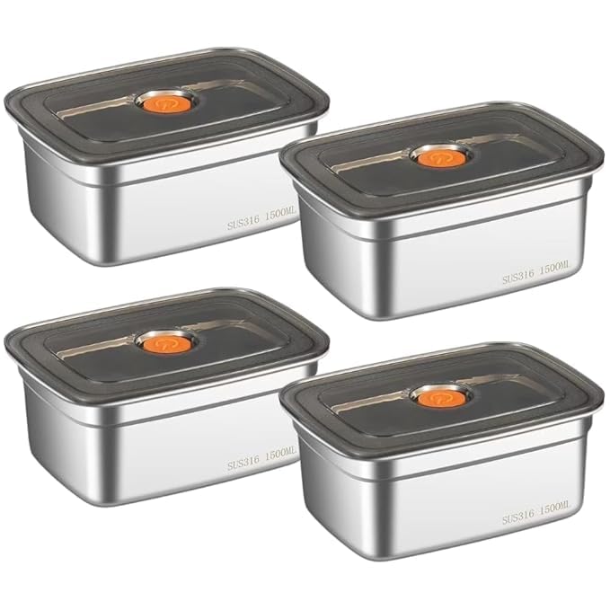 Image of SOLIGT Marve Fridge Storage Box 1500 Ml 316 Stainless Steel Food Storage Containers | Food Grade, Leakproof Kitchen Organizer | Freshness Locking, Microwavable & Freezer Safe, Silver With Lid 4 Pcs