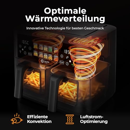 Balter Heißluftfritteuse 2 Kammern mit Sichtfenster 9L (2x4,5L) - 2400W Airfryer XXL Doppelkammer, 10 Programme, Dual Zone & Sync Finish, ohne Öl, Touchscreen, inkl Rezeptheft, HL-901 3