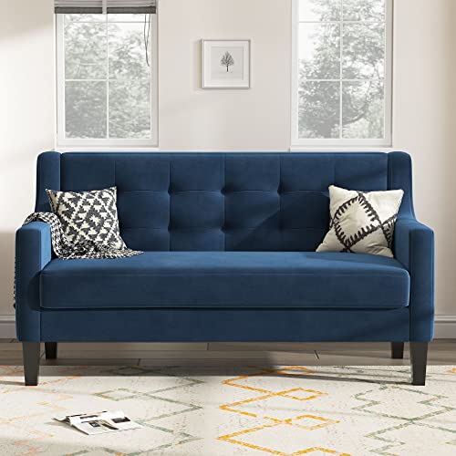 Honbay Modern Loveseat Sofa Velvet Settee Sofa For Living Room Tufted Button Love Seat Couch For Small Space, Dark Blue #TOP3