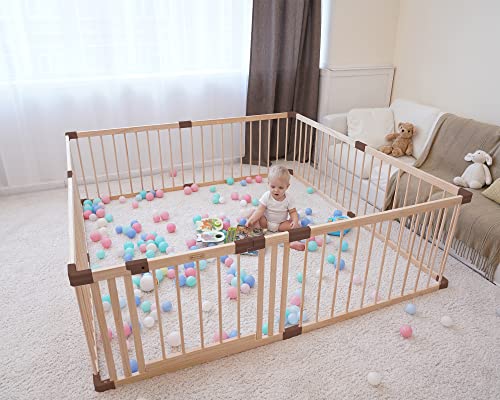 Image of GGF Wooden Baby Gate Playpen Play Yards for Babies and Toddlers, Baby Fence Play Area Indoor (71 * 59 * 24inch), Brown