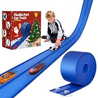 Flex Tracks 15 Ft Starter Set Flexible Race Track for Kids 3+, Race Car Ramp Track Compatible with Hot Wheels and Diecast 1/64th Cars, Portable Rolls Up Race Tracks with Strong Suction Cups (Blue)