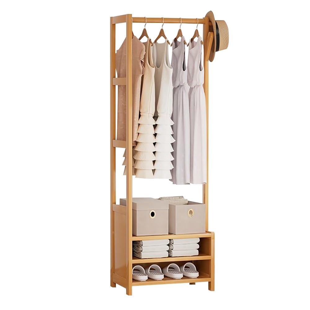 FGXHHS Bamboo Clothes Rack with Hanging Rod & Storage Shelves, Free Standing Garment for Bedroom Hallway, Stylish Coat Hanger Open Wardrobe Solution