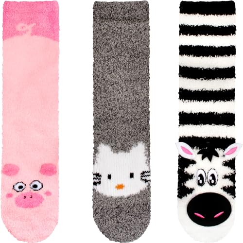 Image of BambooMN Super Soft Warm Cute Animal Face Non-Slip Fuzzy Crew Winter Home Socks, Value Pack