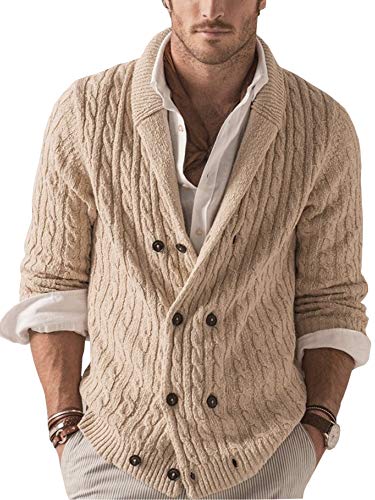 Pretifeel Mens Cardigan Sweater Shawl Collar Cable Knitted Button Down Twisted Winter Warm Jumper Khaki