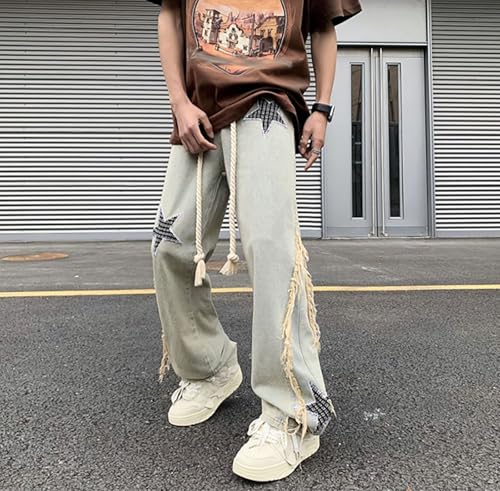 jupkem Men's Baggy Straight-Leg Jeans Y2K Star Print Wide-Leg Retro Distressed Grunge Pants Casual Fashion Streetwear3