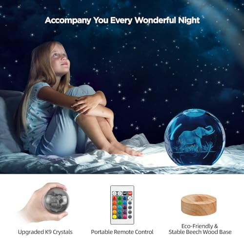 Image of 3D Elephant Crystal Ball Night Light with Woodern Base, 3.15 inch Elephant Figurines Glass Lamp with 16 Colors Cool Desk Decor Elephant Gifts for Women Kids Friends Adults