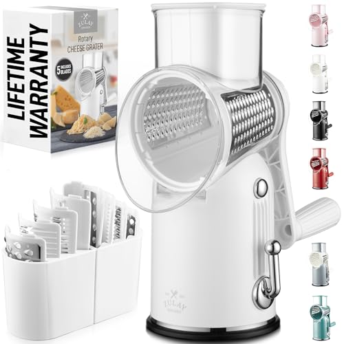 Image of Zulay Kitchen Rotary Cheese Grater 5 Blade Cheese Shredder - Manual Hand Crank Cheese Grater With Reinforced Suction & 5 Interchangeable Drums - Easy to Use, Vegetable Chopper Round Mandoline Slicer