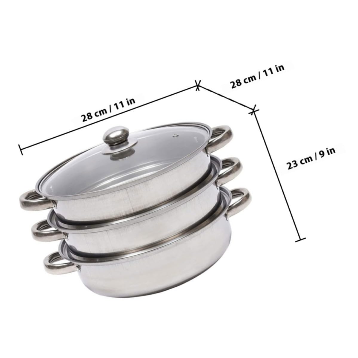 DECHOUS Edelstahl Dampfgarer 3 lagig mit Glasdeckel 28cm Durchmesser für Schonendes Dampfgaren von Gemüse und Speisen im Haushalt