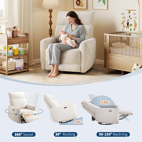 Image of Garvee Power Recliner Chair, Swivel Rocker Chair for Adults, Chenille Upholstered Glider Recliner Nursery Chair with USB Ports, Ergonomic High Back Single Sofa Seat for Living Room (Beige)