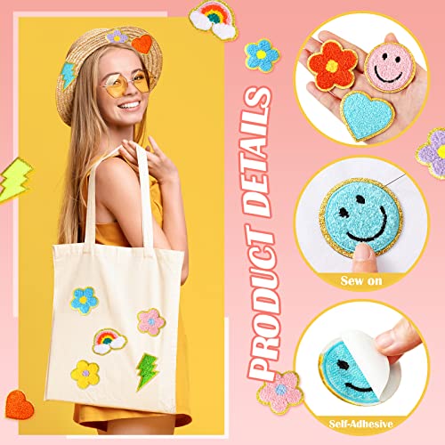 Hanaive 80 Pcs Chenille Patches Self Adhesive Patches 3D Cute Embroidered Rainbow Lightning Smile Face Heart Applique Sewing Badges Patch for Fabric Clothing Jackets Jeans DIY (Self Adhesive)