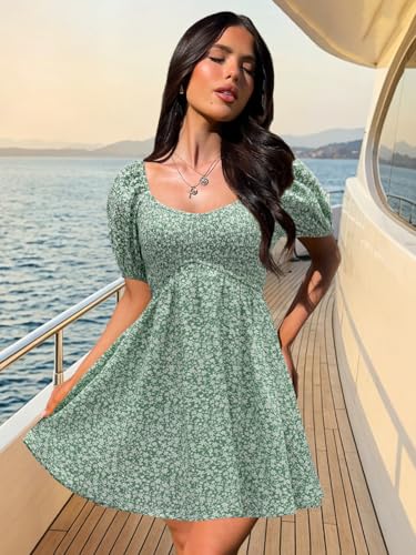 Image of Womens Babydoll Dress 2026 Summer Casual Puff Sleeve V Neck Cute Boho Smocked Flowy Short Sundress Beach Mini Dresses