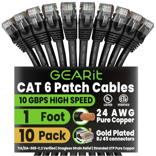 GEARit Cat 6 Ethernet Patch Cable 1 ft Black (10 Pack) Cat6 Patch Cables 1ft Black/Ethernet Patch Cable 10Gbps 550MHz 24AWG Pure Copper Snagless Gold Plated RJ45 for Router Server Router PC