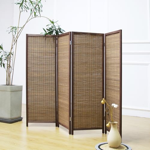 Furnnylane 4 Panel Short Room Divider Screen,Brown Freestanding Partition,Small Bamboo Panel Divider...