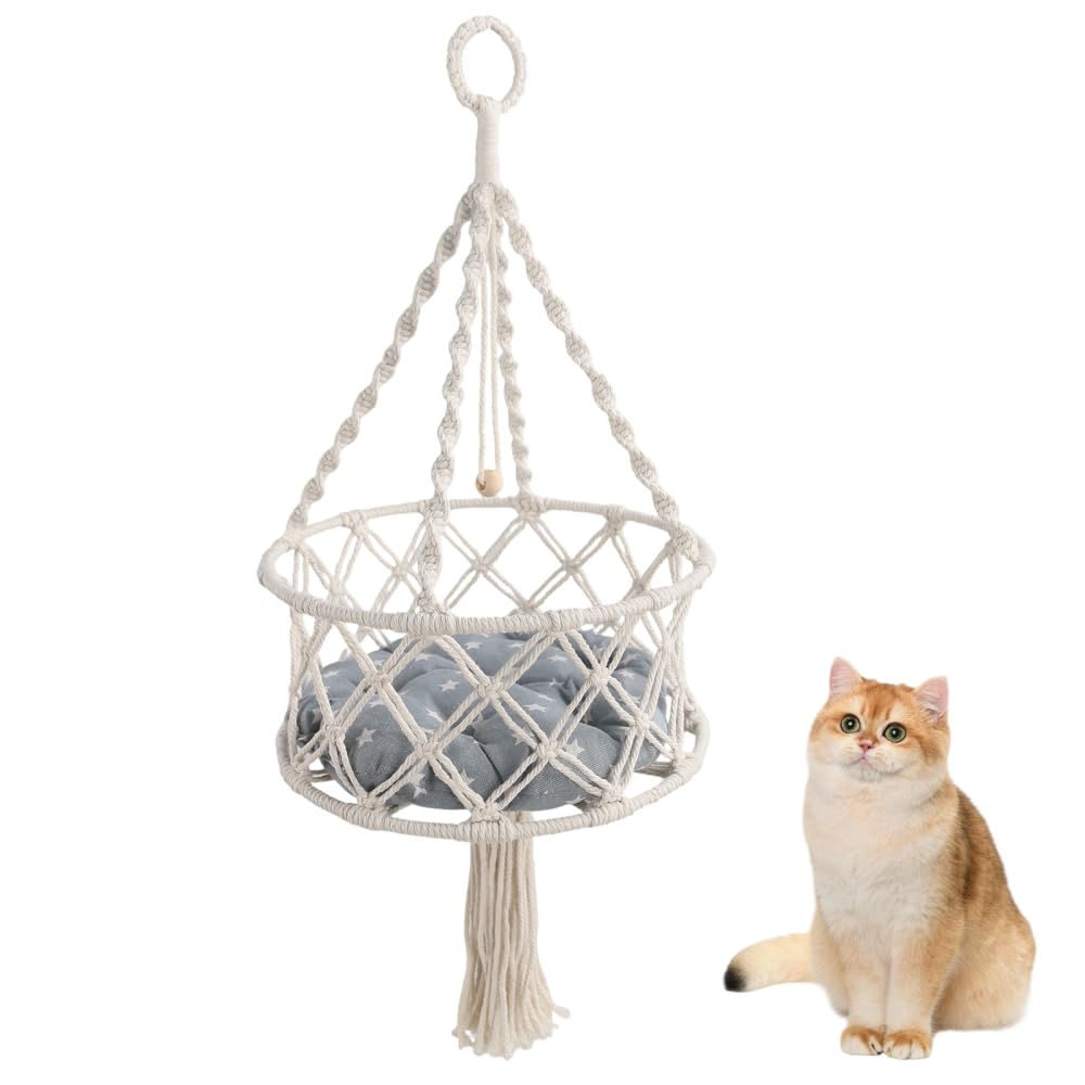 Hängendes Katzenbett Handgewebt, Geflochtene Katzenhöhle Hängematte mit Kissen, Macrame Katzenhängebett Stabil, für Fensterbank Balkon, Indoor für Katzen Kleine Hunde