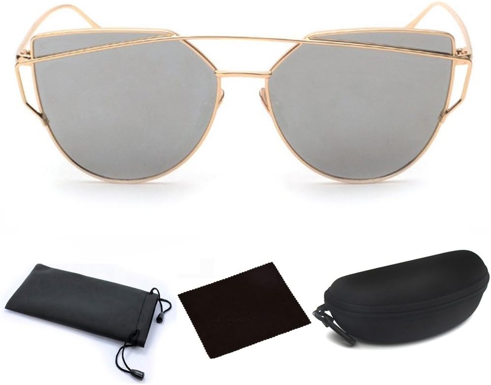 Fashion Retro Cat Eye Women Aviator Sunglasses Flat Mirrored Lenses Metal Frame Shades w/Protective Oversize Eyeglasses Case (G Sliver)