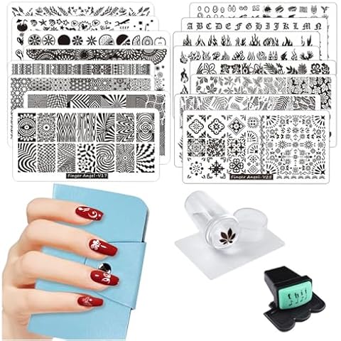 FingerAngel 21Pcs Nail Stamp Plate Set 16Pcs Mix Design Stamping nail Art Plate + 2Nail Stamper + 2Scraper+1Pcs Case Nails Art Stamping Plate Scraper Stamper Set Leaves Flowers Nail plate V17-32 Cover