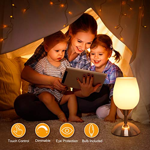 Boncoo Dimmable Touch Control Table Lamp, Small Touch Lamp With Opal Glass Lampshade Ambient Light Bedside Little Lamp Silver Base Modern Accent Lamp For Bedroom, Living Room, E12 Bulb Included #TOP1