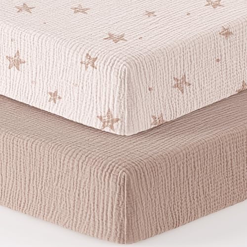 Image of Bearmoss Muslin Mini Crib Sheets for Pack N Play Mattress - 100% Cotton - 38 inchx26 inch Soft Breathable Playard Baby Crib Sheets Neutral for Boys Girls - 2 Pack (Pink Star)
