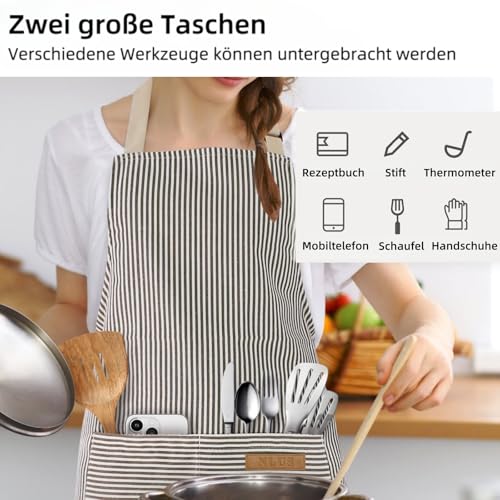 Thougthings Schürze Küchenschürze Kochschürze, Baumwolle mit zwei großen Taschen, Verstellbare Höhe, universell einsetzbar für Damen und Herren (Braun)