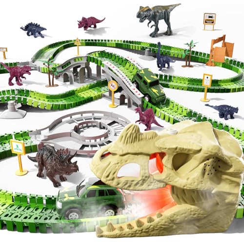 Locomoto 241Pcs Dinosaur Track Toys for 3 4 5 6 7 8 9+ Year Old Boys Girls, 2 Electric Jeeps & 8 Dino, Upgraded Dinosaur Skull Tunnel with Smoke, Light & Sound, Flexible Race Tracks for Kids Toddlers