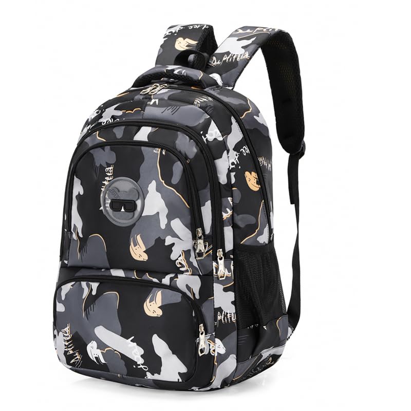 7Trees Backpack for Boys, Student Camouflage Backpack, Kids School backpack Large Capacity Schoolbag for Children (Black)