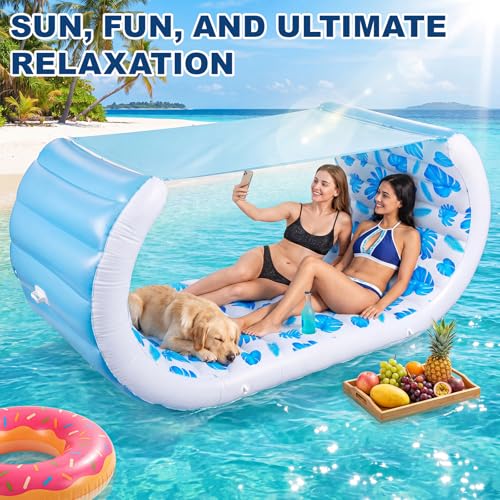 Image of Giant Inflatable Pool Float with Shade, 157 inch x 36 inch Extra Large Floating Couch Island Cabana Luxury Lounger with Canopy, Cup Holders, Backrest, Handle, Electric Air Pump for 2 Adults, Tropical Print