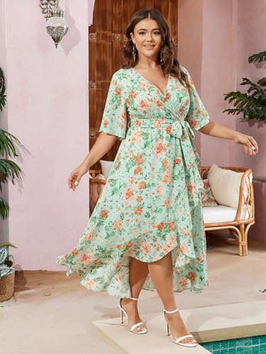 Image of SCOMCHIC Women Plus Size Maxi Dress Short Sleeve Wrap V Neck High Low Split Ruffle Long Dress