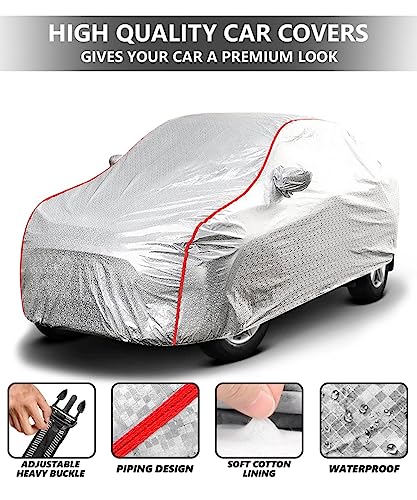 Image of PROTEGO All Weather Protection Car Cover for Datsun go Plus | Anti Dust, 100% Waterproof, Durable Cover - Triple Stitched Elastic Grip with Mirror Pocket |(Metallic Silver with Red Piping)