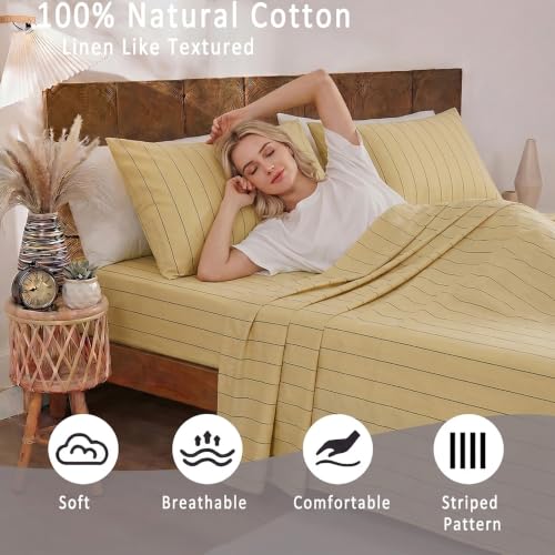 Image of Merryword Yellow Striped Sheet Set King Size - 100% Cotton Striped Bedding 4 Pieces, Soft Breathable Percale Weave, 17.5 inch Deep Pocket, Luxury Linen Like, All Season Comfort