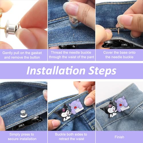 Image of SANNIDHI 2 Pairs Jeans Tightening Clip, Kuromi Pants Clips Jeans Adjustable Button Pins, Adjustable Waist Buckle for Women Girls, Jeans Hooks for Waist Fit Loose Jeans Adjuster for Trousers, Skirts