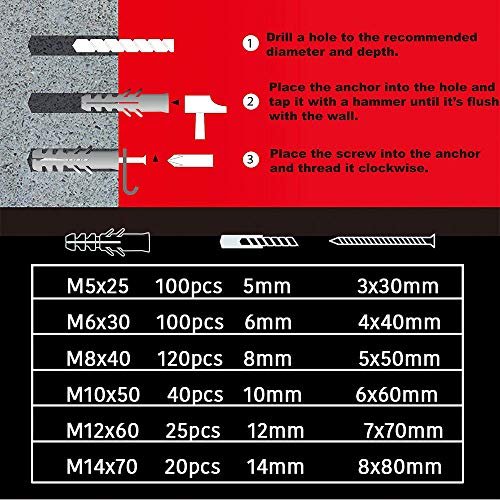 T.K.Excellent Plastic Drywall Ribbed Anchors Solid Materials Drywall Anchor Assortment Kit,405 Pcs - Thumbnail 6