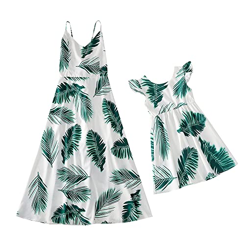 Mommy and Me Dresses Floral Printed Matching Dress Straps V-Neck Green Leaves Print Sleeveless Beach Skirts