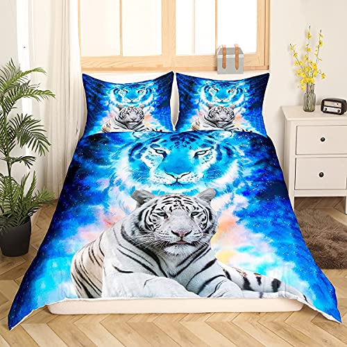 Tiger Print Duvet Cover Wild Animal Theme Comforter Cover Blue Galaxy Bedding Set For Kids Adults Wildlife Safari Cat Print Bedspread Cover Ultra Soft Room Decor Super King Size Bedclothes Zipper - Image 3