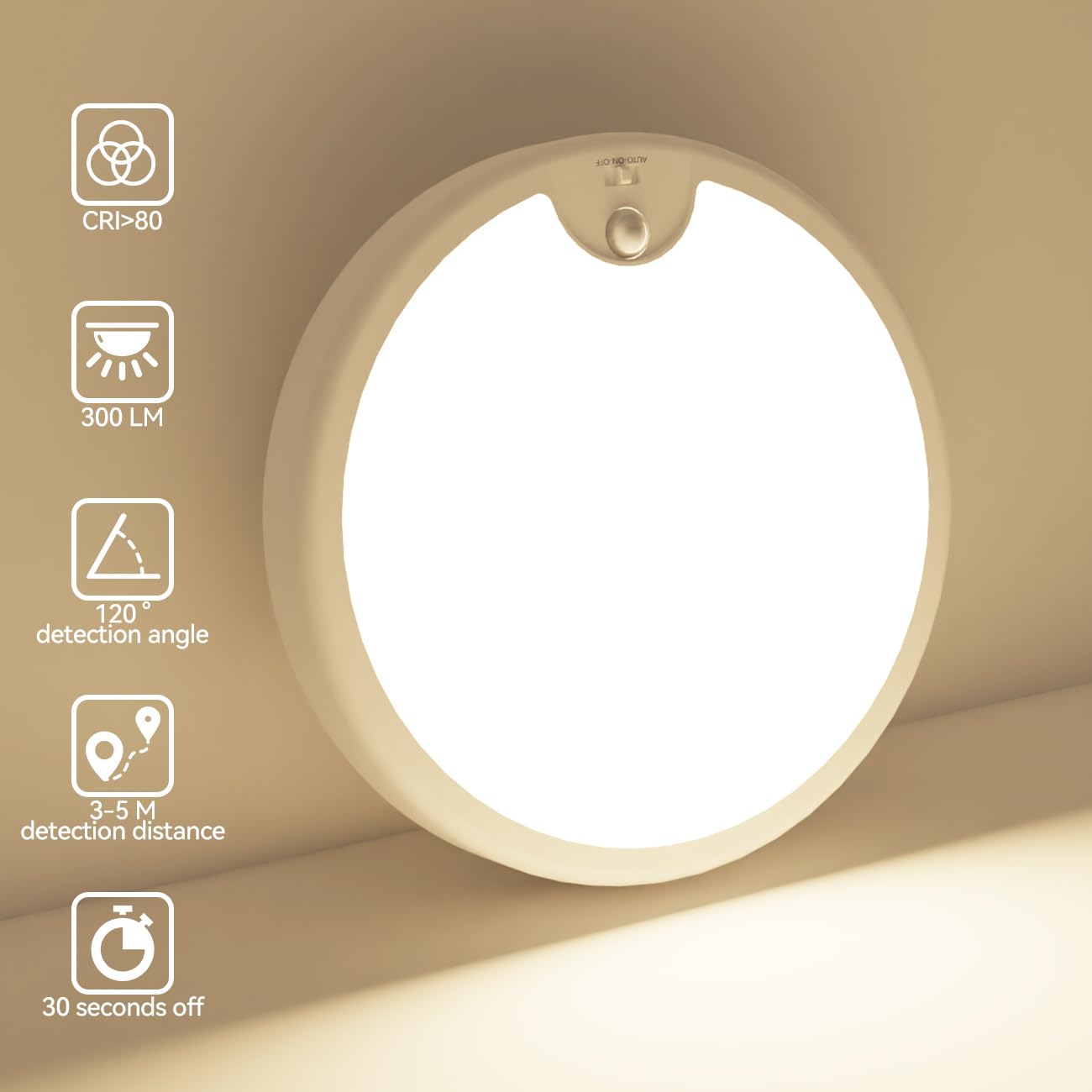 Peasur Plafonnier LED Detecteur de Mouvement a Pile,Luminaire Plafonnier Sans Fil ø18cm 300LM Lustre Chambre 3000K Blanc Froid Éclairage de Plafond Salle de Bain LED pour Garage Cuisine Balcon