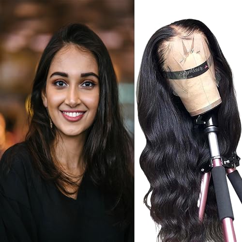 Image of SkyHair 100% Human Hair Lace Front Wig for Women & Girls - Undetectable Hairline, Volume & Length for Daily or Chemo Use - Free Wig Cap & Glue Included (Natural Black, 20 Inches)