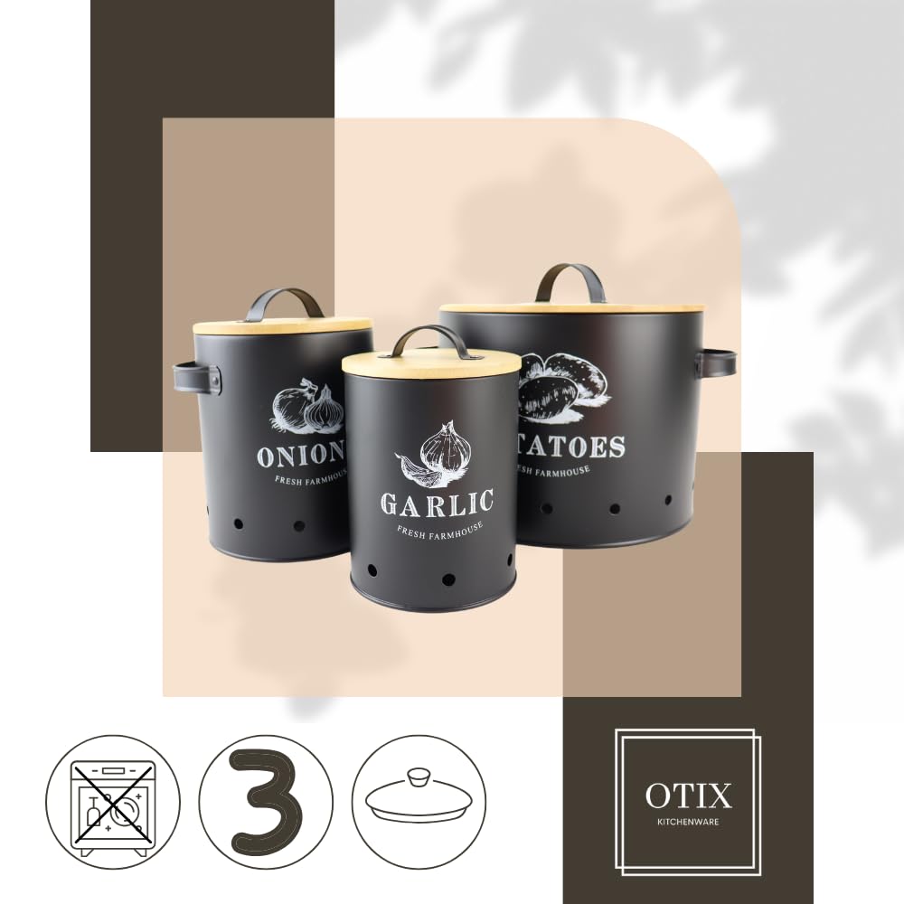 OTIX Vorratsgläser - mit Deckel - Schwarz - 3er Set - Knoblauchtopf - Zwiebeltopf - Kartoffeltopf - Metall