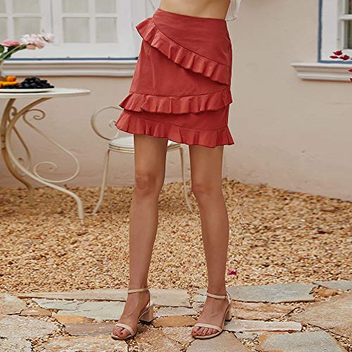 Loijon Moda feminina verão cor sólida saia cintura alta zipper babados casual mini saia vestido