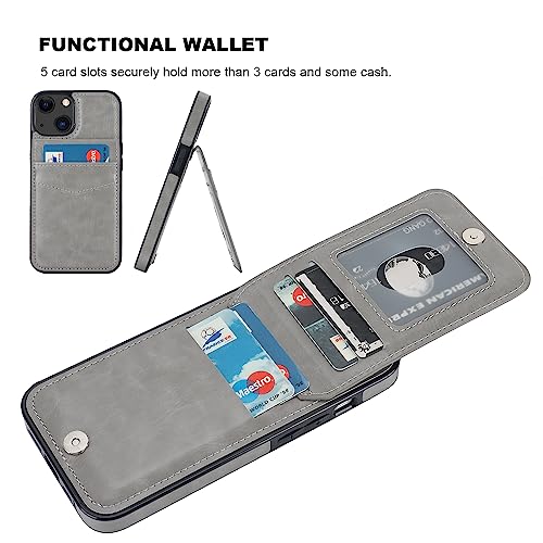 Image of KIHUWEY Compatible with iPhone 13 Case Wallet with Credit Card Holder, Premium Leather Magnetic Clasp Kickstand Heavy Duty Protective Cover for iPhone 13 6.1 inch (Gray)