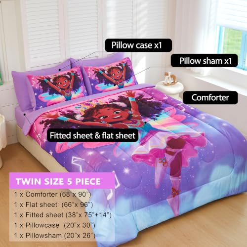 Image of Twin Comforter Set for Girls 5 Piece Black Girl Bedding Set for Girls, Super Soft Microfiber Bed Set African American Princess Bed in a Bag with Comforter & Purple Sheets Pillowcase & Sham