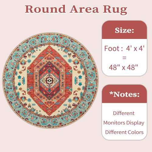 SERISSA Boho Round Area Rug, 4ft Washable Non-Slip Circle Rug, Ultra Soft Oriental Vintage Orange Low-Pile Small Circular Carpet for Bedroom Entryway Kids Room Office College Dorm Living Room