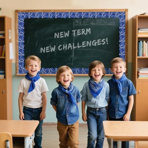 Image of BeYumi Cowboy Bandana Border Trim - 65ft Back to School Western Themed Blue Bandana Scalloped Rolled Border Trim Wild West Themed Bulletin Board Set Classroom Office Chalkboard Wall Party Decoration