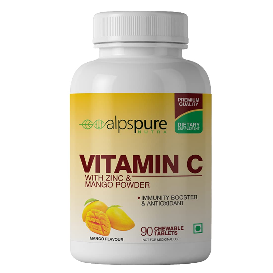 Alpspure Nutra Vitamin C Mango With Zinc Chewable Tablets, Immunity Booster & Antioxidant | Promotes Healthy & Glowing Skin | (Mango, 90 Chewable Tablets)