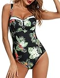 Aottori Badeanzug Damen Einteilige Bademode Bauchweg V Ausschnitt Swimsuit Push up Badeanzüge One Piece Schwimmanzug Sommer Schwarz/Blatt M