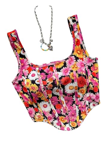 Image of mikuchiku Women's Floral Corset Tank Top, Printed, Sleeveless Crop Top