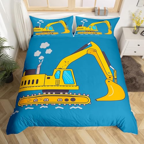 Erosebridal Excavator Bedding Set Cartoon Duvet Cover for Child Boys Girls Teens,Construction Comforter Cover Vehicles Quilt Cover Kids Car Theme Room Bedroom Decor Twin Size Yellow Blue