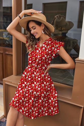 Image of HOTOUCH Women Printed Dress for Summer Short Ruffle Sleeve Dress Tiered Mini Dress with Pockets