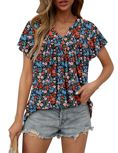 KISSMODA Tops for Womens Summer Cute Short Sleeve Shirts Trendy Notched Neck Blouses Casual Loose Pleated Tunics S-3Xl