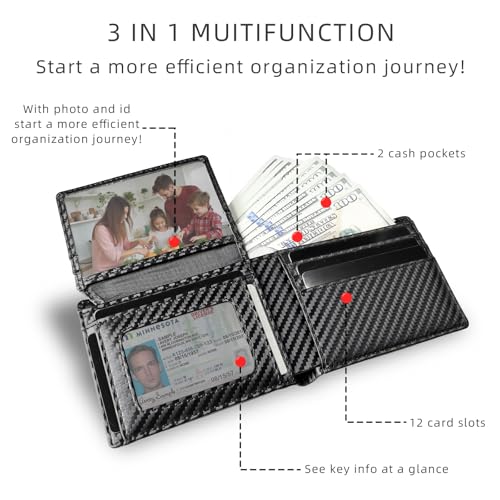 Bifold Wallet for Men-RFID Blocking Large Capacity 12 Card Slots Mens Wallet with 2 ID Windows and 2 Cash Pockets Strong Stitching Slim Front Pocket Design Includes Gift Box Black2