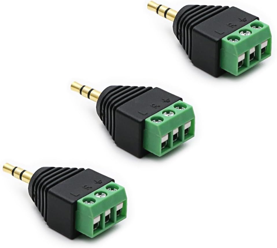 Pack of 3 Pieces 3.5mm TRS Stereo Male to 3-Pin Screw Terminal Adapter, 1/8 Inch Solderless Connector for AUX & IR Extension Cable, 3 Pack-image-19
